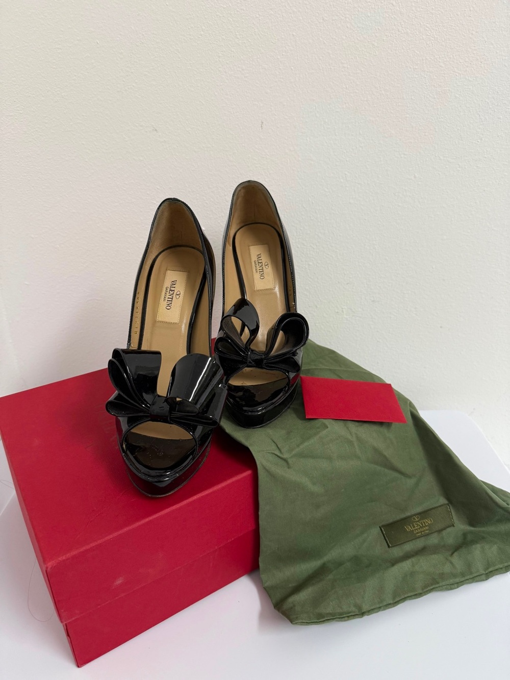 Valentino Garavani Black Patent Leather Bow Peep-Toe Pumps